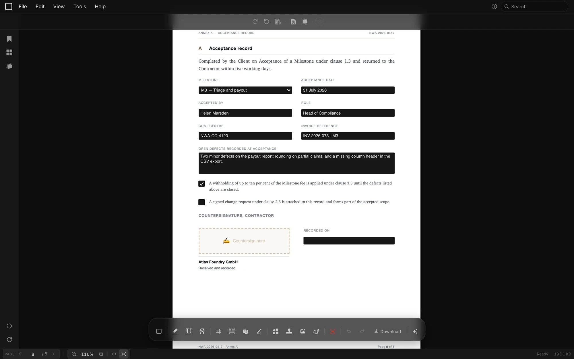 AcroForm-Felder ausgefüllt und als XFDF oder JSON exportiert