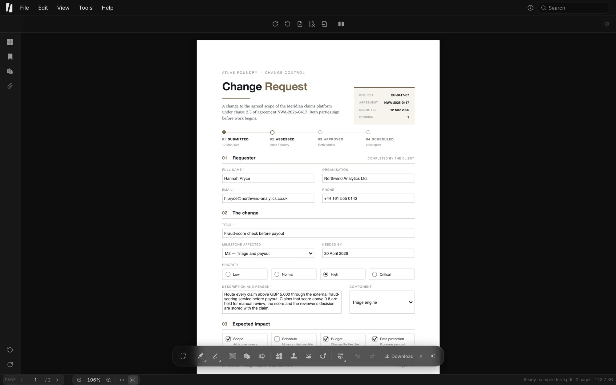 A filled-in change request with text fields, a dropdown and a checkbox.