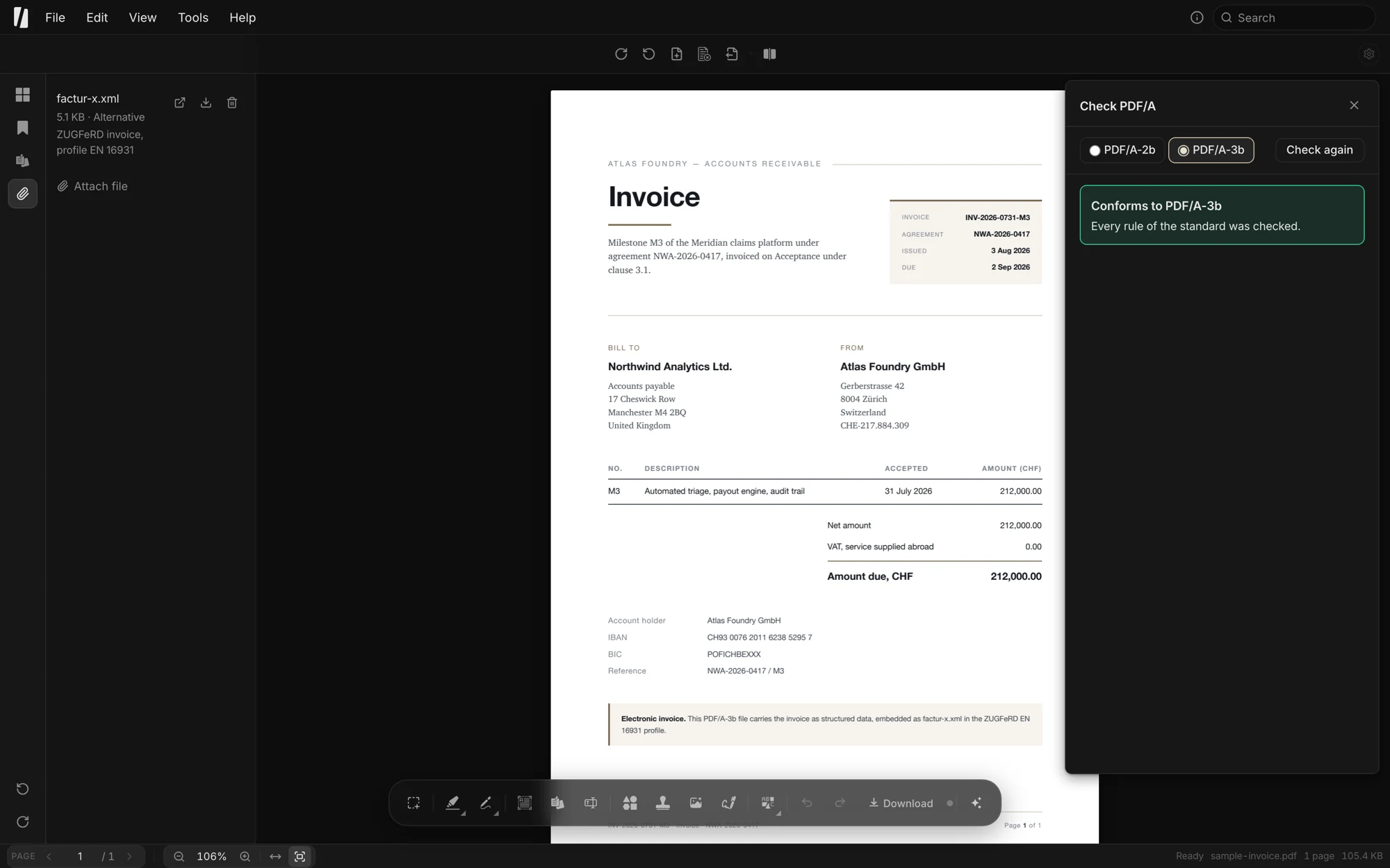 PDF/A-3b check in the browser, with a ZUGFeRD invoice embedded in the document.